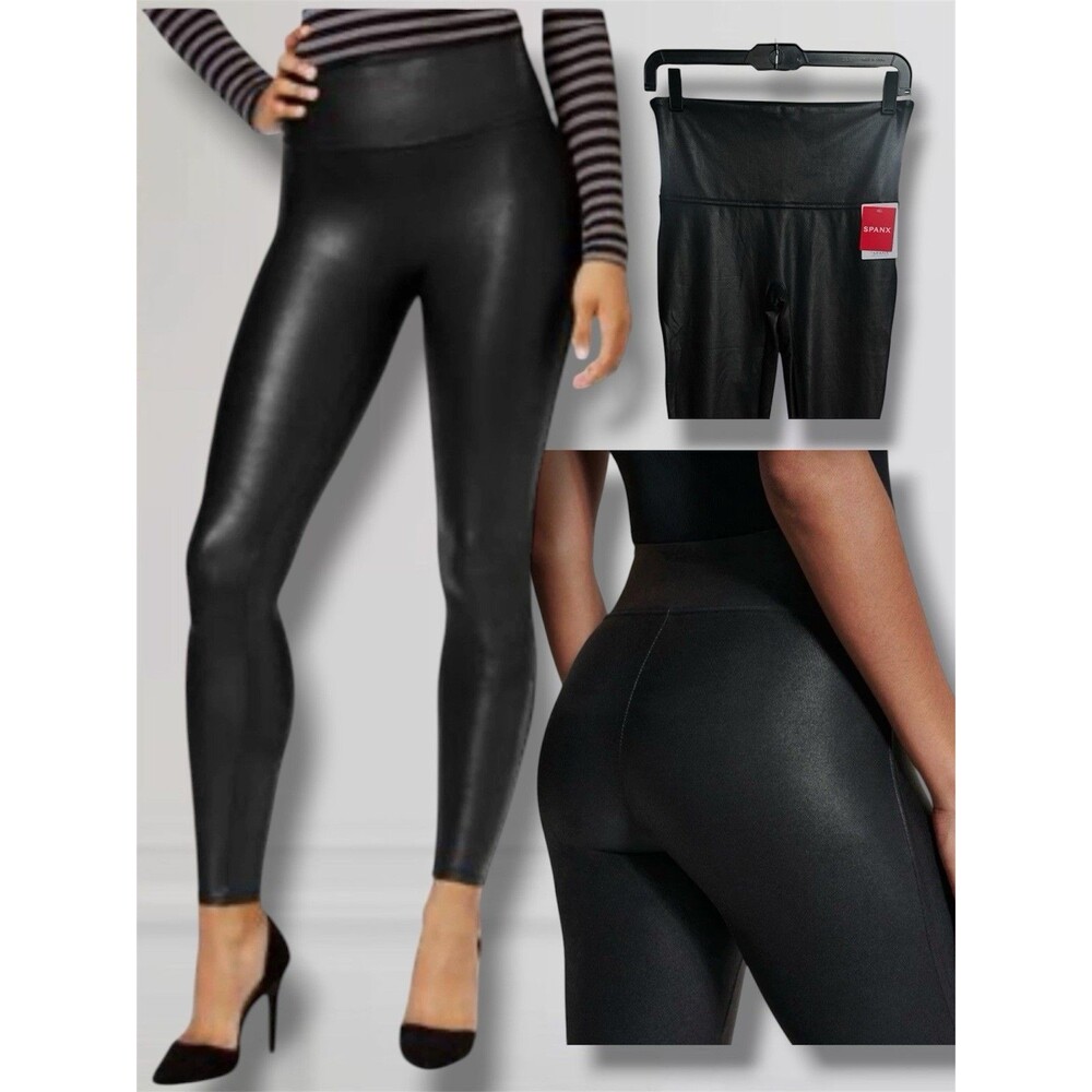 SPANX Faux Leather Leggings Women’s Size Large Black High Rise Shaping Pants
